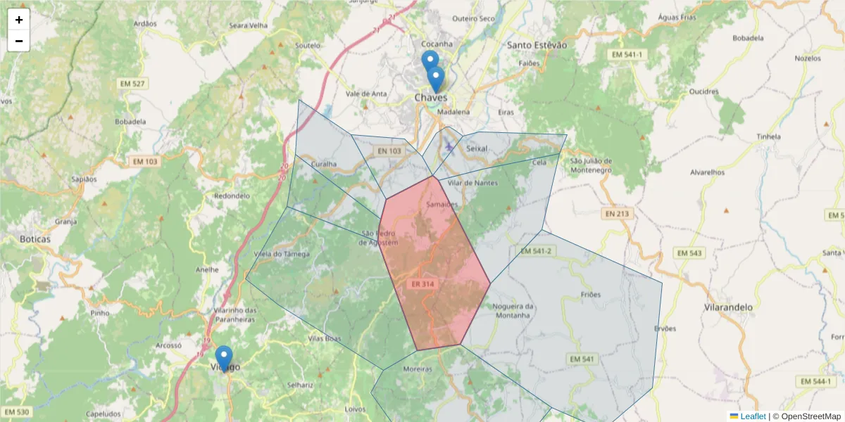 Mapa detalhado do código postal 5400-574 com limites, códigos postais vizinhos e agências dos correios