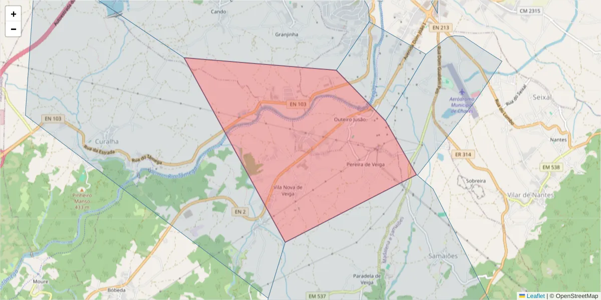 Mapa detalhado do código postal 5400-575 com limites, códigos postais vizinhos e agências dos correios