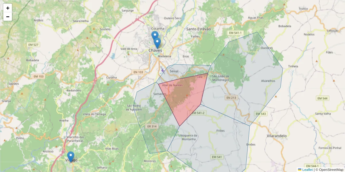 Mapa detalhado do código postal 5400-580 com limites, códigos postais vizinhos e agências dos correios