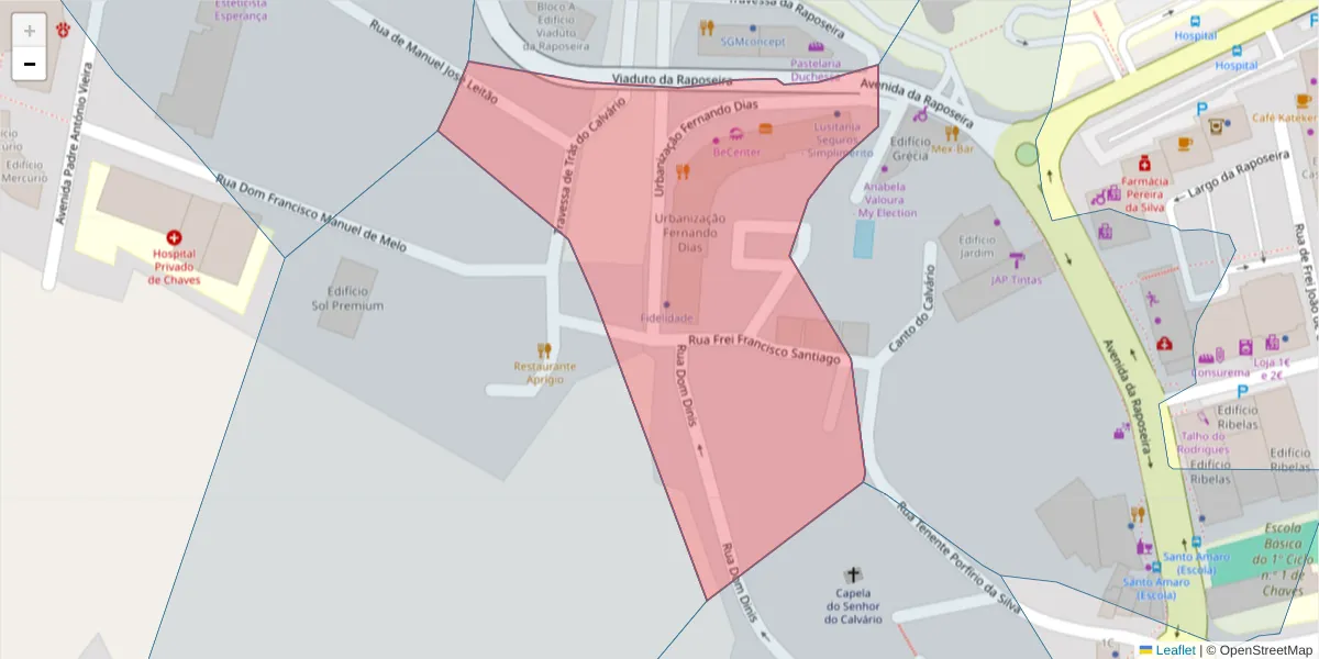 Mapa detalhado do código postal 5400-590 com limites, códigos postais vizinhos e agências dos correios
