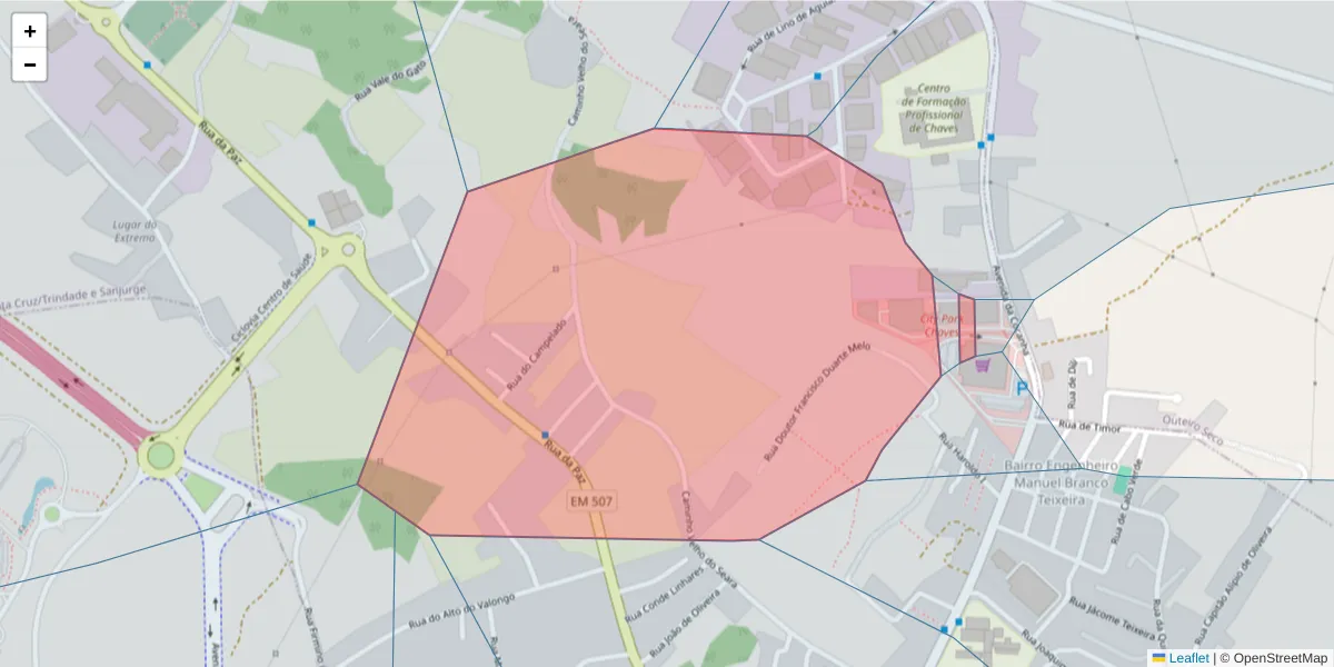Mapa detalhado do código postal 5400-677 com limites, códigos postais vizinhos e agências dos correios