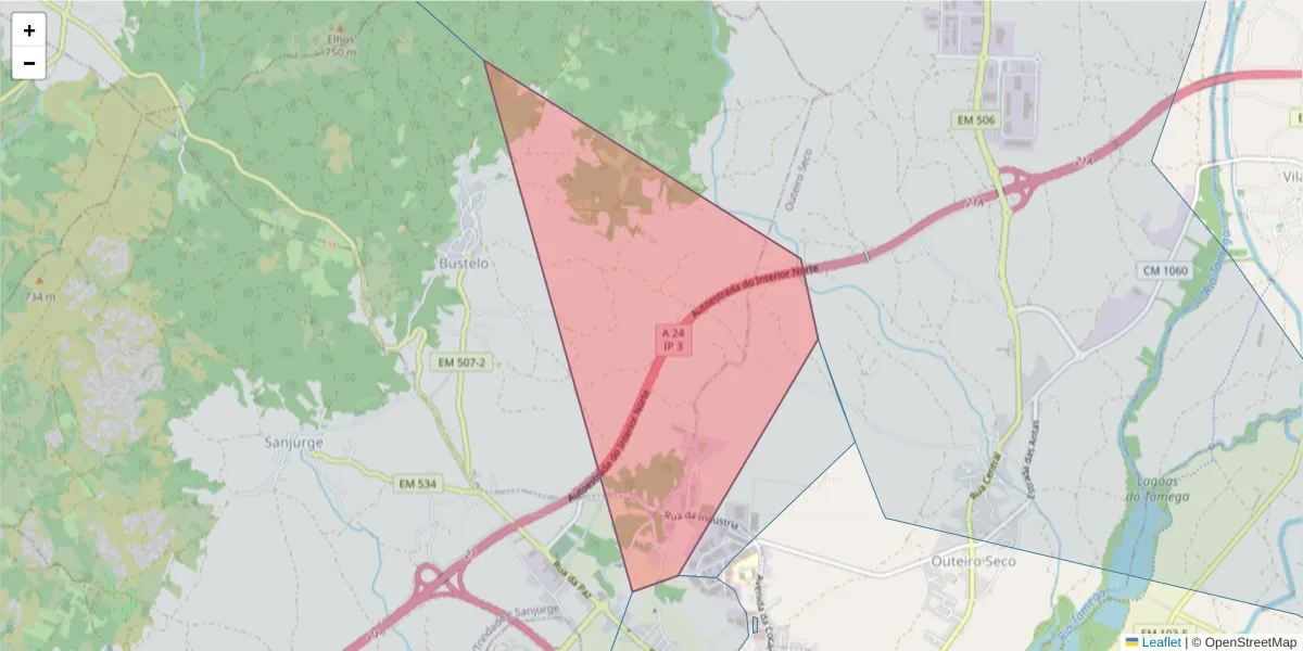 Mapa detalhado do código postal 5400-694 com limites, códigos postais vizinhos e agências dos correios