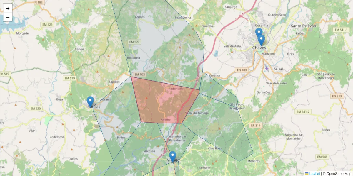 Mapa detalhado do código postal 5400-729 com limites, códigos postais vizinhos e agências dos correios