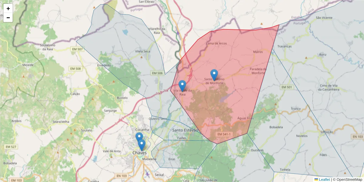 Mapa detalhado do código postal 5400-805 com limites, códigos postais vizinhos e agências dos correios