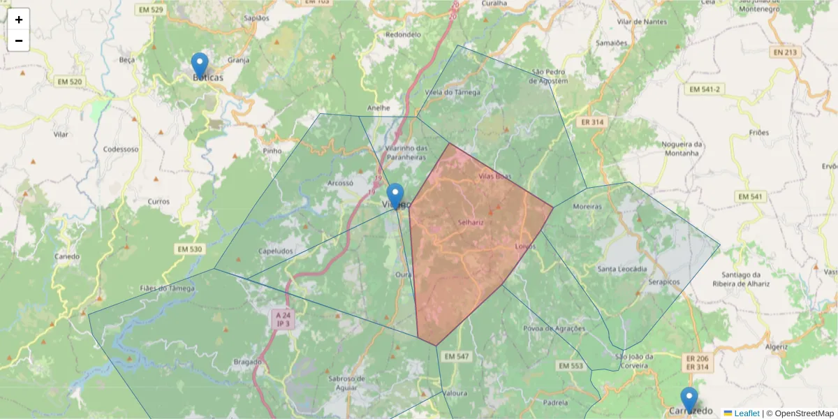 Mapa detalhado do código postal 5425-306 com limites, códigos postais vizinhos e agências dos correios