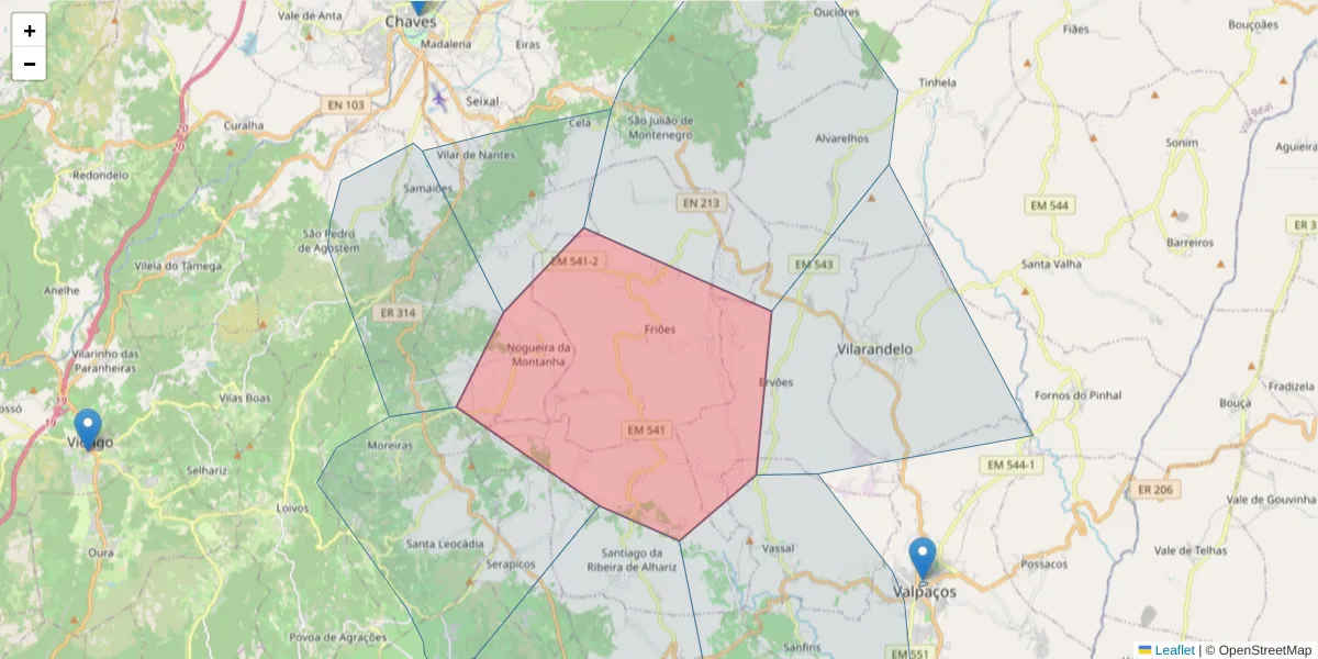 Mapa detalhado do código postal 5430-123 com limites, códigos postais vizinhos e agências dos correios