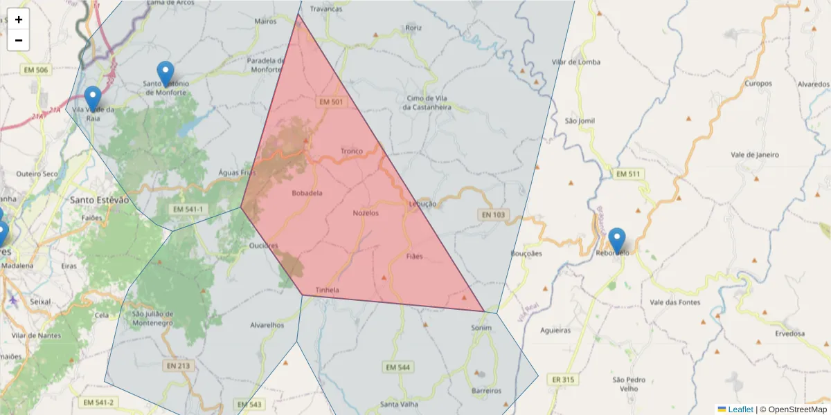 Mapa detalhado do código postal 5430-150 com limites, códigos postais vizinhos e agências dos correios