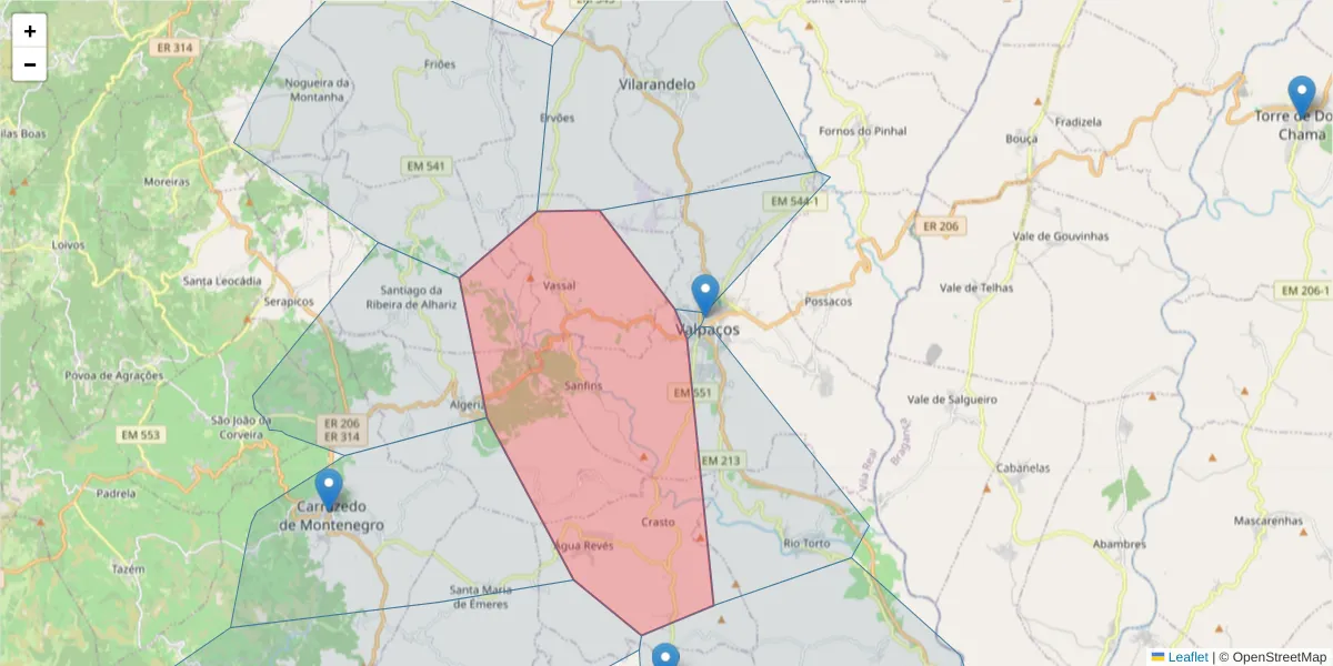 Mapa detalhado do código postal 5430-425 com limites, códigos postais vizinhos e agências dos correios