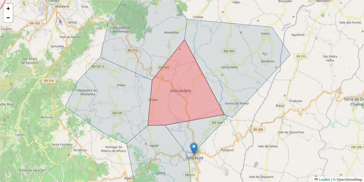 Mapa detalhado do código postal 5430-651 com limites, códigos postais vizinhos e agências dos correios