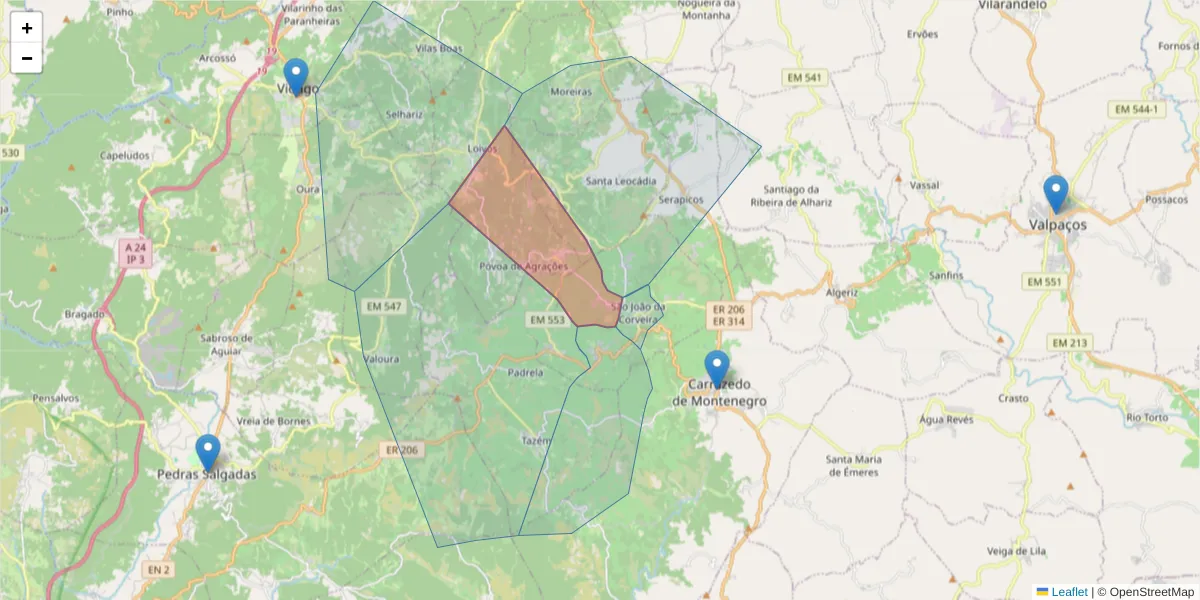 Mapa detalhado do código postal 5445-081 com limites, códigos postais vizinhos e agências dos correios