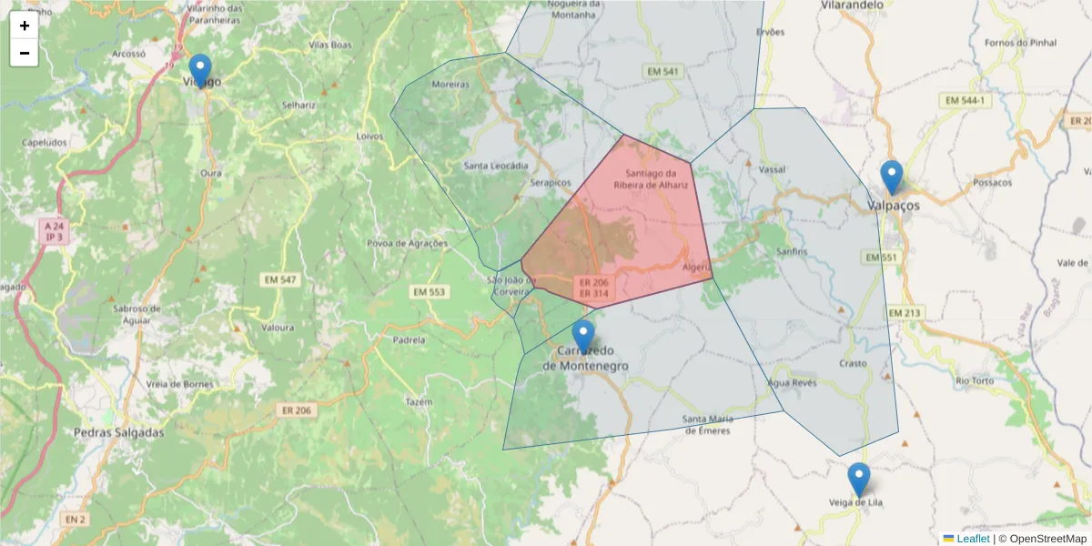 Mapa detalhado do código postal 5445-082 com limites, códigos postais vizinhos e agências dos correios