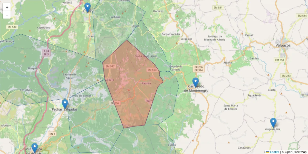 Mapa detalhado do código postal 5445-083 com limites, códigos postais vizinhos e agências dos correios