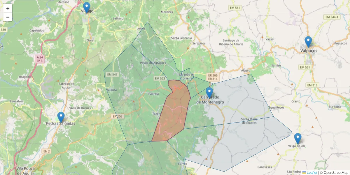 Mapa detalhado do código postal 5445-085 com limites, códigos postais vizinhos e agências dos correios