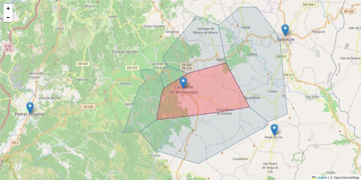 Mapa detalhado do código postal 5445-175 com limites, códigos postais vizinhos e agências dos correios