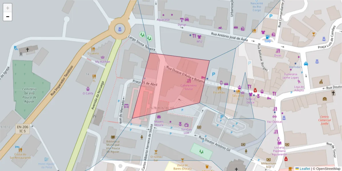 Mapa detalhado do código postal 5450-019 com limites, códigos postais vizinhos e agências dos correios