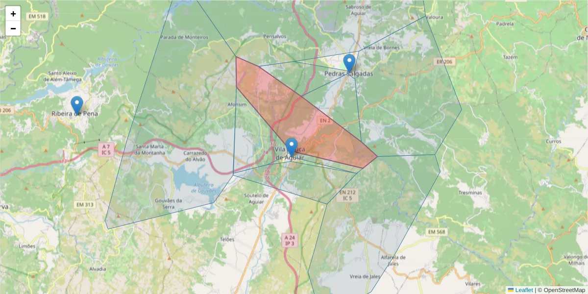 Mapa detalhado do código postal 5450-034 com limites, códigos postais vizinhos e agências dos correios