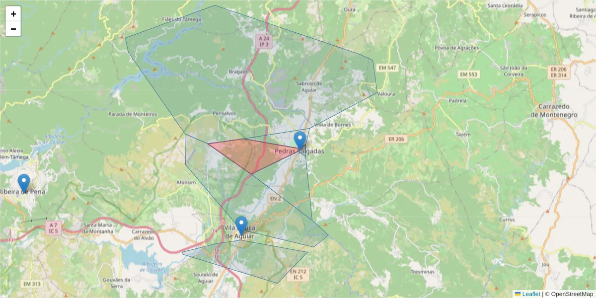 Mapa detalhado do código postal 5450-140 com limites, códigos postais vizinhos e agências dos correios