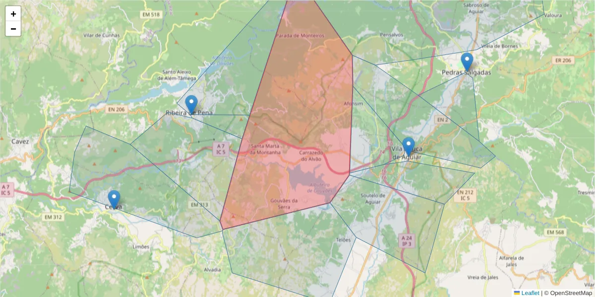 Mapa detalhado do código postal 5450-240 com limites, códigos postais vizinhos e agências dos correios