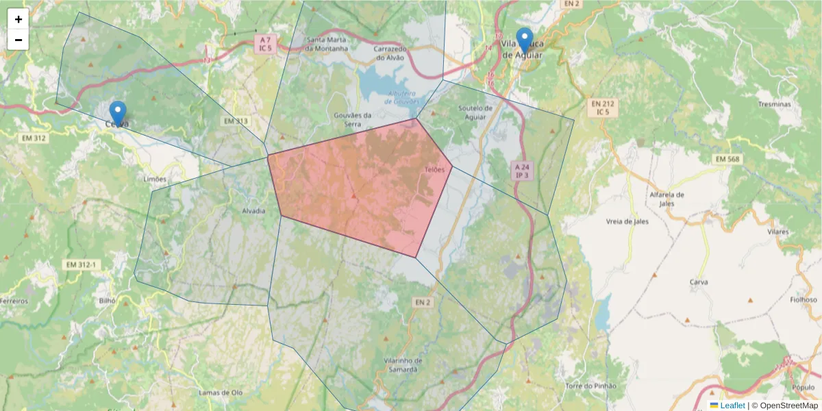 Mapa detalhado do código postal 5450-284 com limites, códigos postais vizinhos e agências dos correios