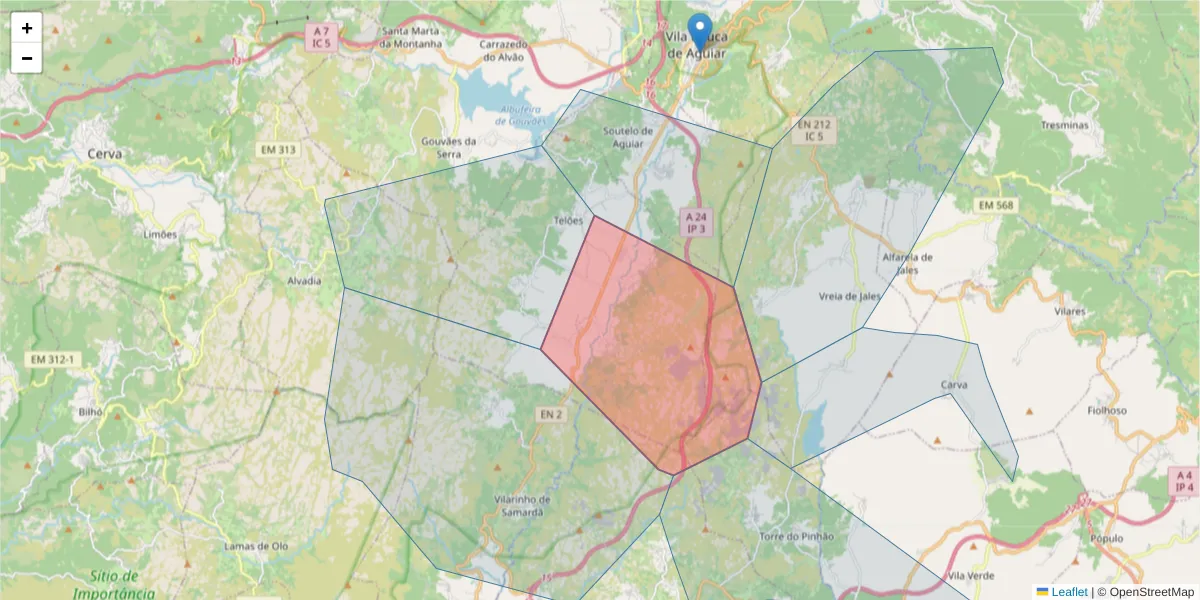 Mapa detalhado do código postal 5450-287 com limites, códigos postais vizinhos e agências dos correios