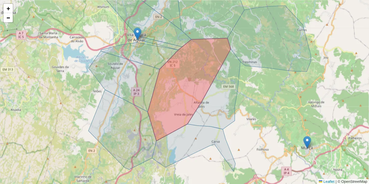 Mapa detalhado do código postal 5450-341 com limites, códigos postais vizinhos e agências dos correios