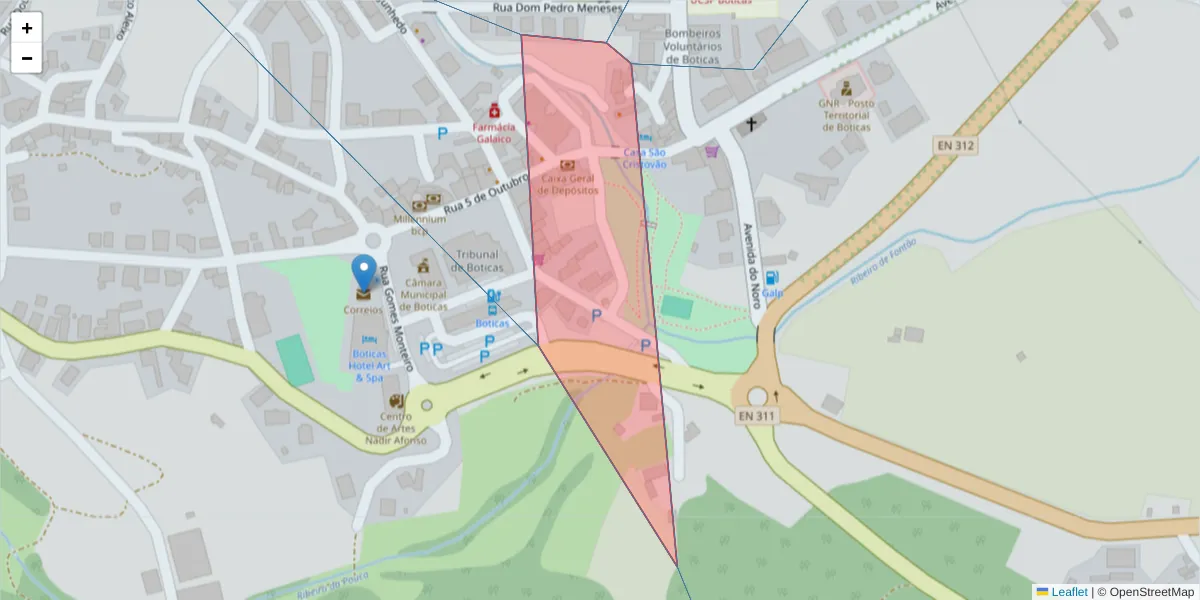 Mapa detalhado do código postal 5460-304 com limites, códigos postais vizinhos e agências dos correios