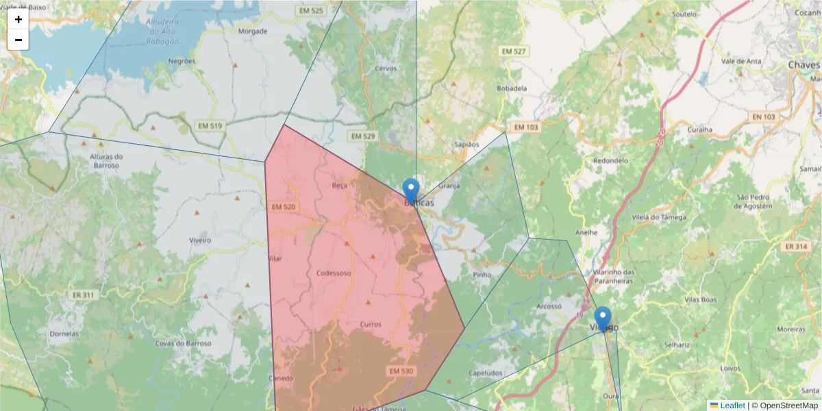 Mapa detalhado do código postal 5460-999 com limites, códigos postais vizinhos e agências dos correios