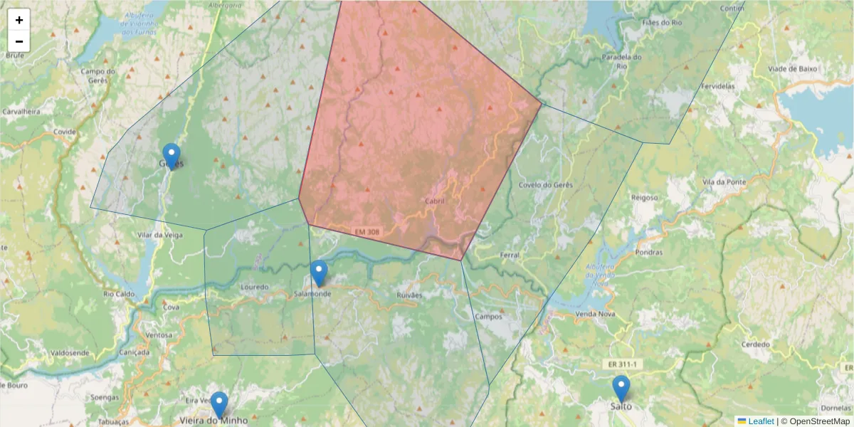 Mapa detalhado do código postal 5470-013 com limites, códigos postais vizinhos e agências dos correios