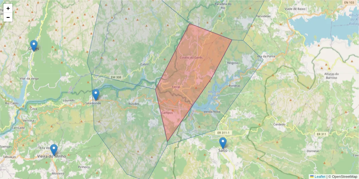 Mapa detalhado do código postal 5470-122 com limites, códigos postais vizinhos e agências dos correios