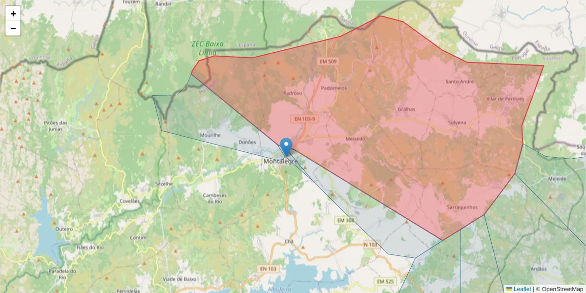 Mapa detalhado do código postal 5470-225 com limites, códigos postais vizinhos e agências dos correios