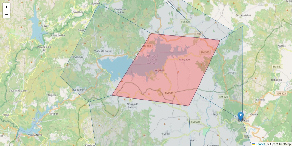 Mapa detalhado do código postal 5470-323 com limites, códigos postais vizinhos e agências dos correios