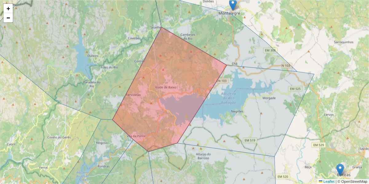 Mapa detalhado do código postal 5470-341 com limites, códigos postais vizinhos e agências dos correios