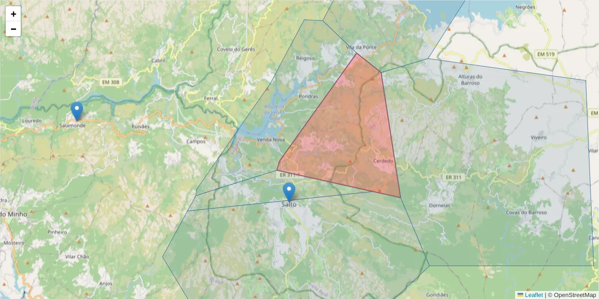 Mapa detalhado do código postal 5470-402 com limites, códigos postais vizinhos e agências dos correios