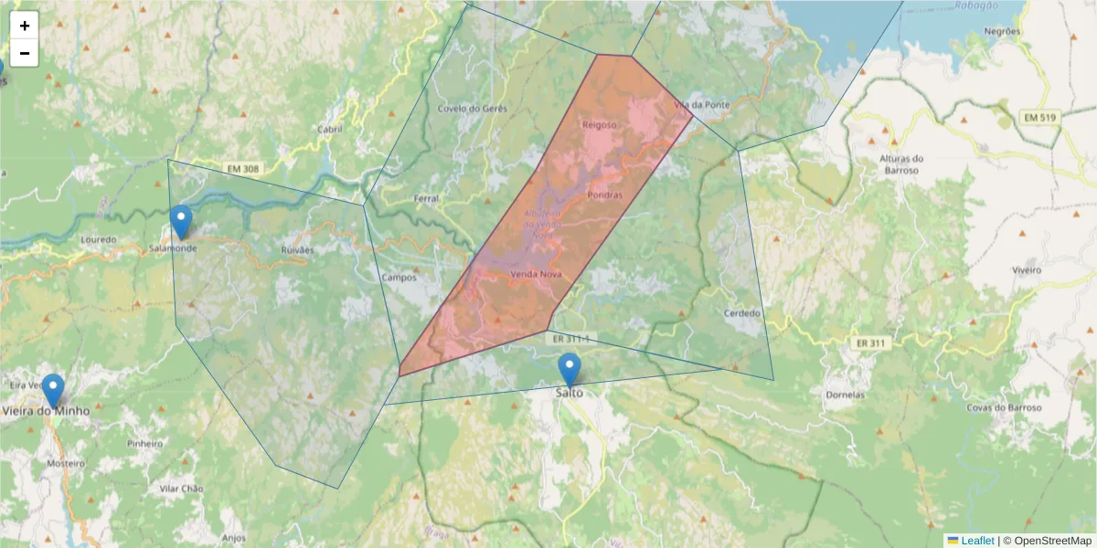 Mapa detalhado do código postal 5470-504 com limites, códigos postais vizinhos e agências dos correios