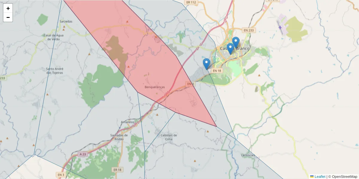 Mapa detalhado do código postal 6000-022 com limites, códigos postais vizinhos e agências dos correios
