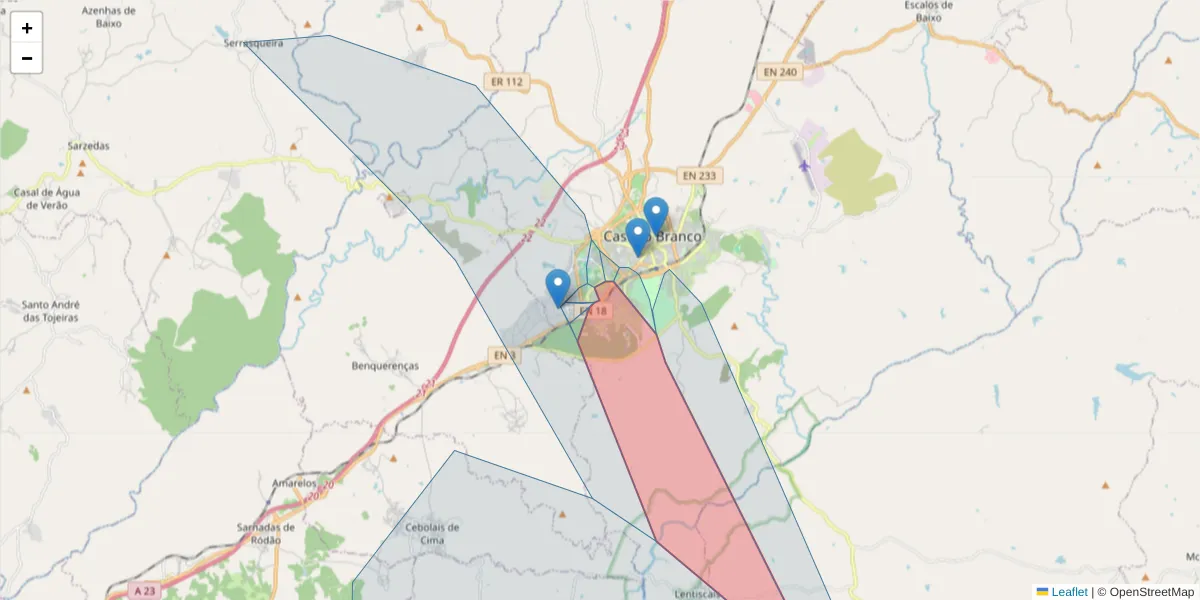 Mapa detalhado do código postal 6000-050 com limites, códigos postais vizinhos e agências dos correios