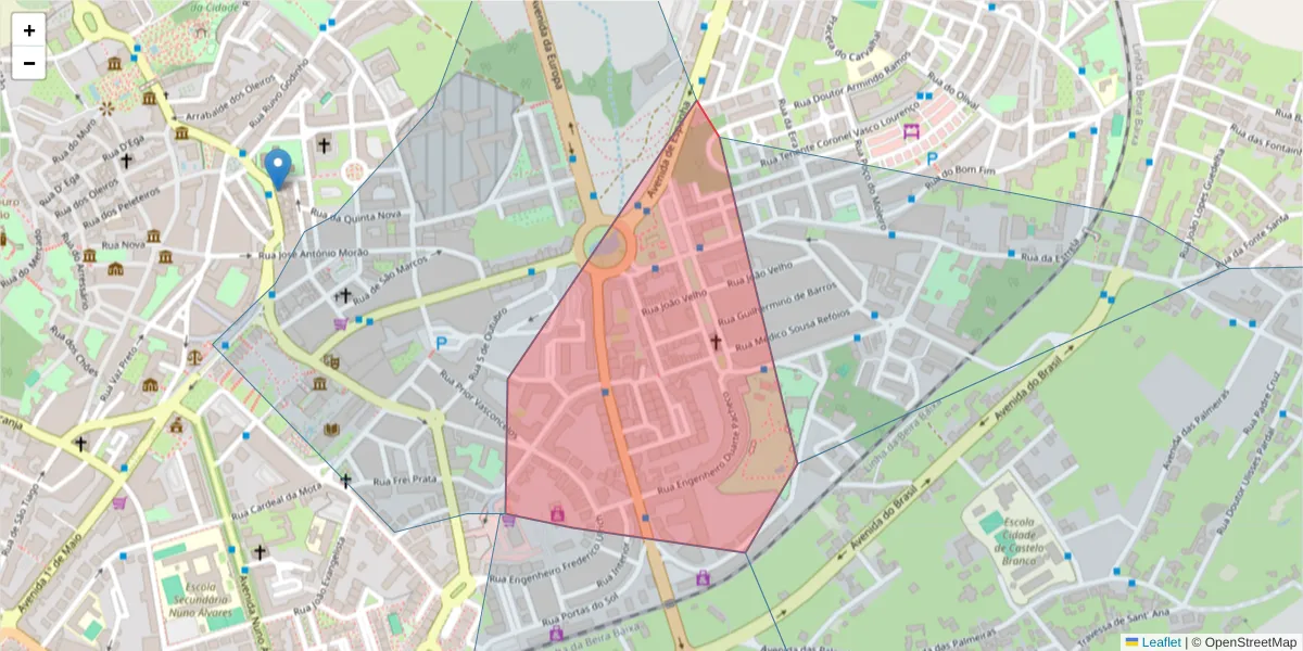 Mapa detalhado do código postal 6000-129 com limites, códigos postais vizinhos e agências dos correios