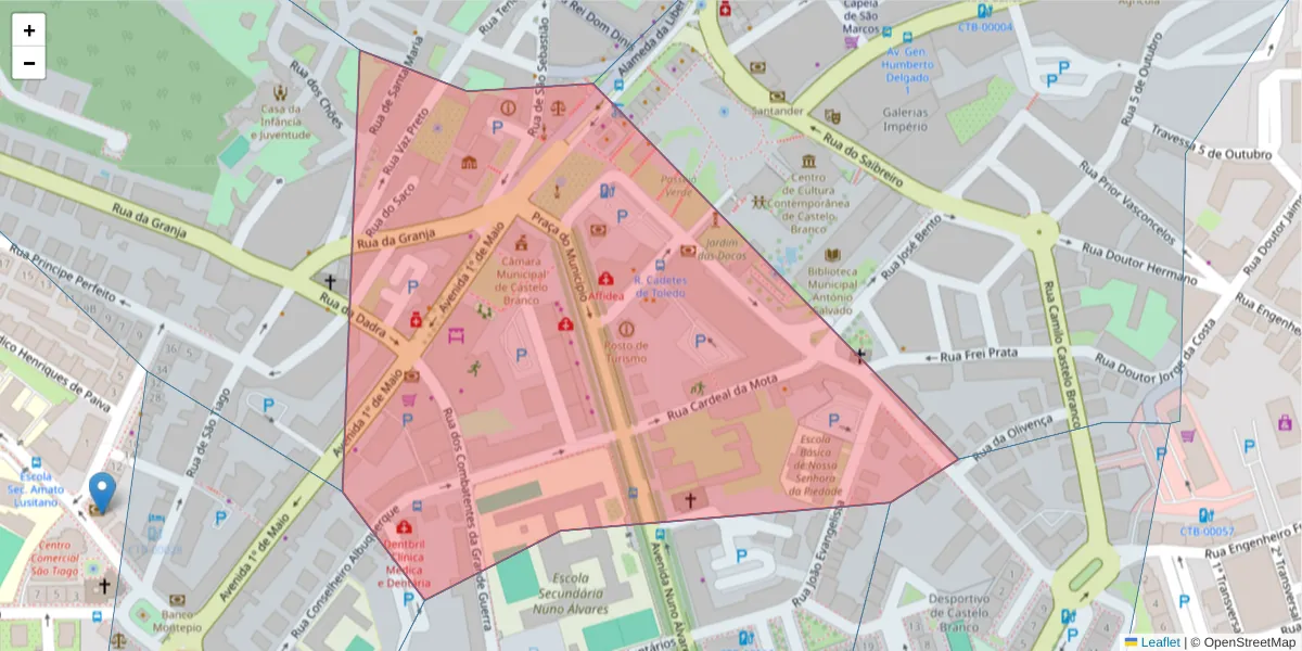 Mapa detalhado do código postal 6000-180 com limites, códigos postais vizinhos e agências dos correios