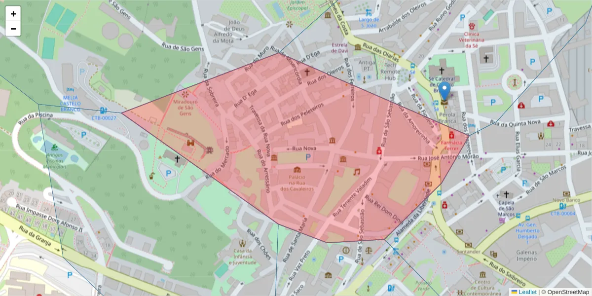 Mapa detalhado do código postal 6000-182 com limites, códigos postais vizinhos e agências dos correios