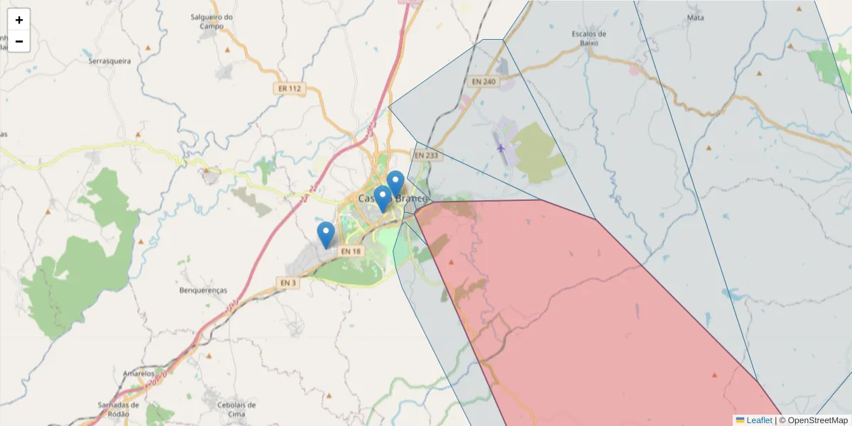 Mapa detalhado do código postal 6000-387 com limites, códigos postais vizinhos e agências dos correios