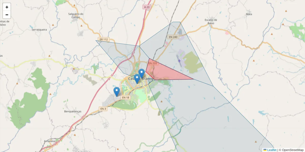 Mapa detalhado do código postal 6000-406 com limites, códigos postais vizinhos e agências dos correios