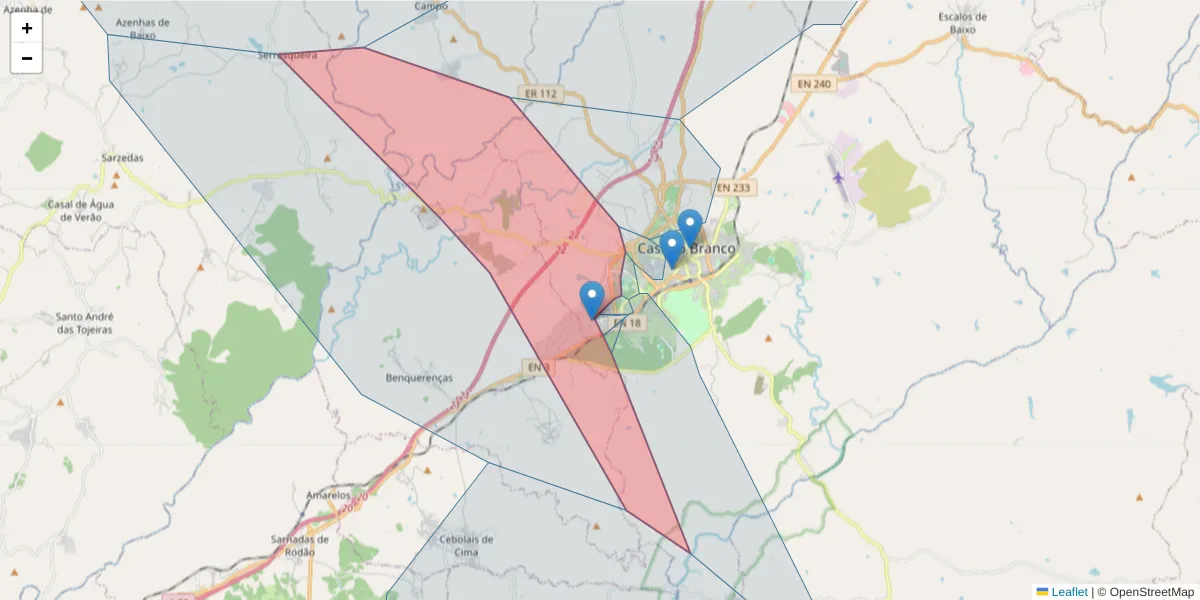 Mapa detalhado do código postal 6000-459 com limites, códigos postais vizinhos e agências dos correios