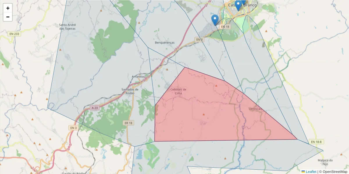 Mapa detalhado do código postal 6000-500 com limites, códigos postais vizinhos e agências dos correios