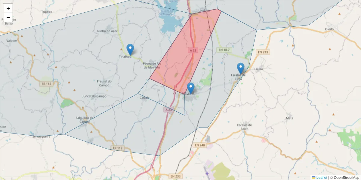 Mapa detalhado do código postal 6005-010 com limites, códigos postais vizinhos e agências dos correios