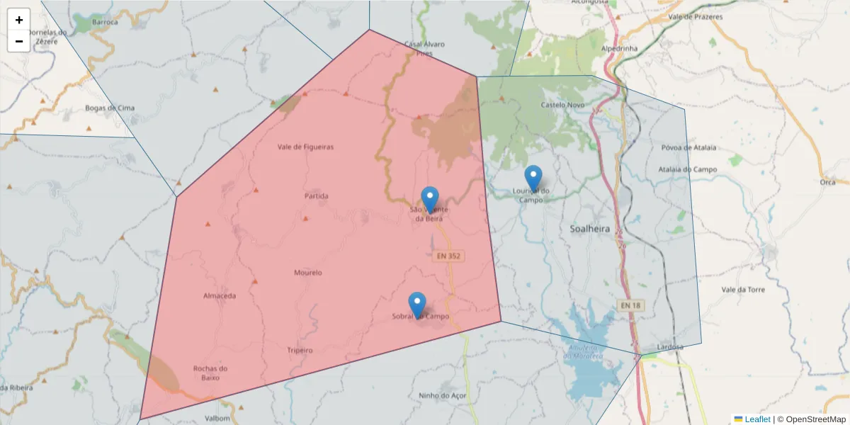 Mapa detalhado do código postal 6005-270 com limites, códigos postais vizinhos e agências dos correios