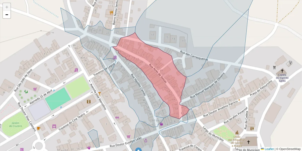Mapa detalhado do código postal 6040-105 com limites, códigos postais vizinhos e agências dos correios