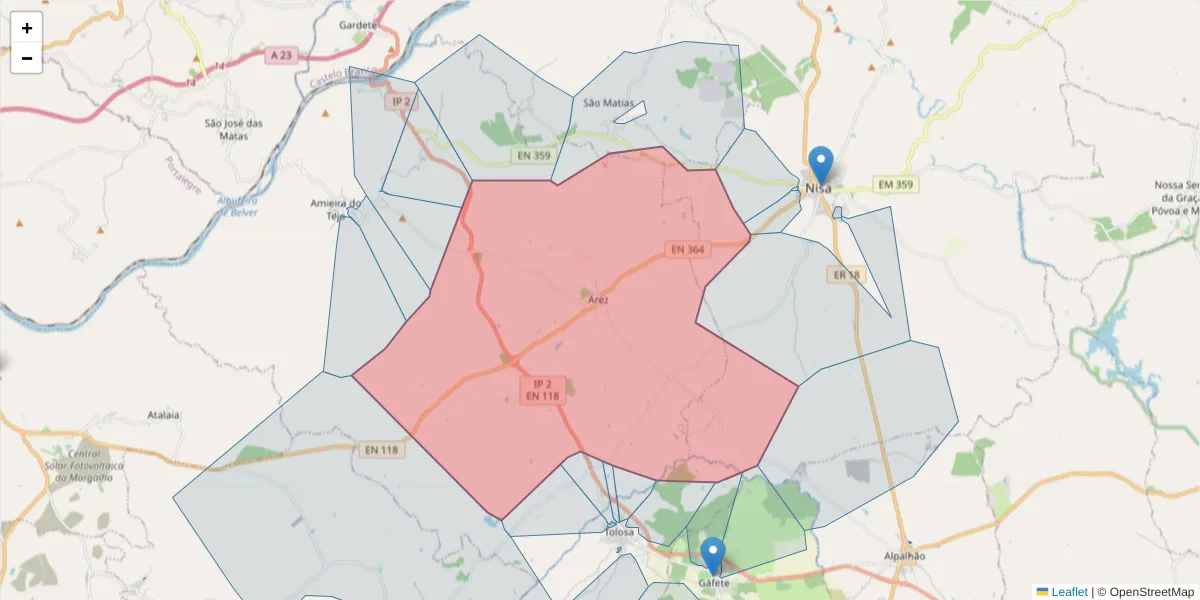 Mapa detalhado do código postal 6050-201 com limites, códigos postais vizinhos e agências dos correios