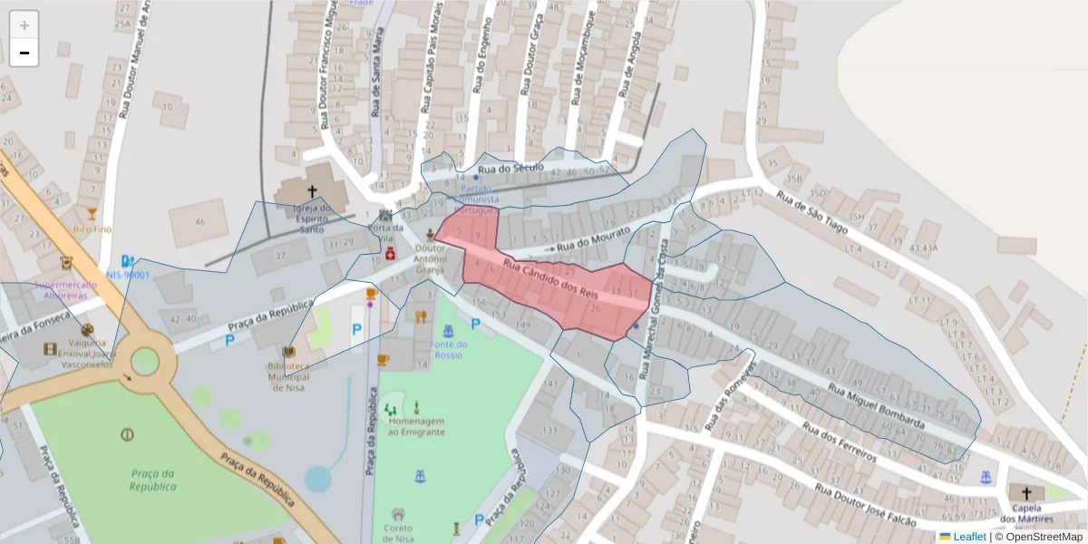 Mapa detalhado do código postal 6050-303 com limites, códigos postais vizinhos e agências dos correios
