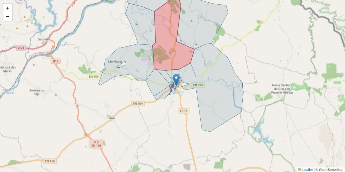 Mapa detalhado do código postal 6050-305 com limites, códigos postais vizinhos e agências dos correios