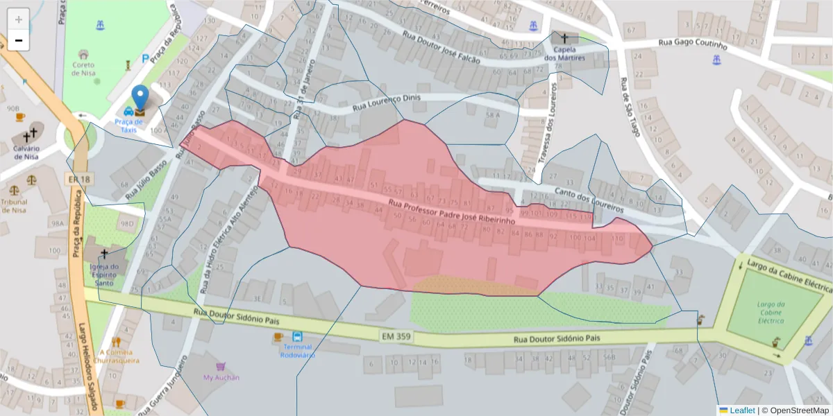 Mapa detalhado do código postal 6050-306 com limites, códigos postais vizinhos e agências dos correios